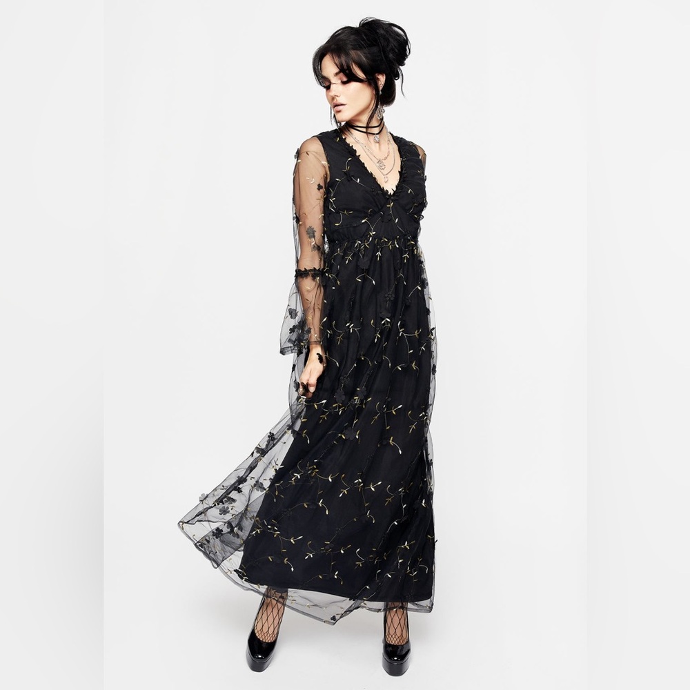 Disturbia Chrysanthi Applique Maxi Dress with Black Gold Floral Accents US 6 - Picture 3 of 11